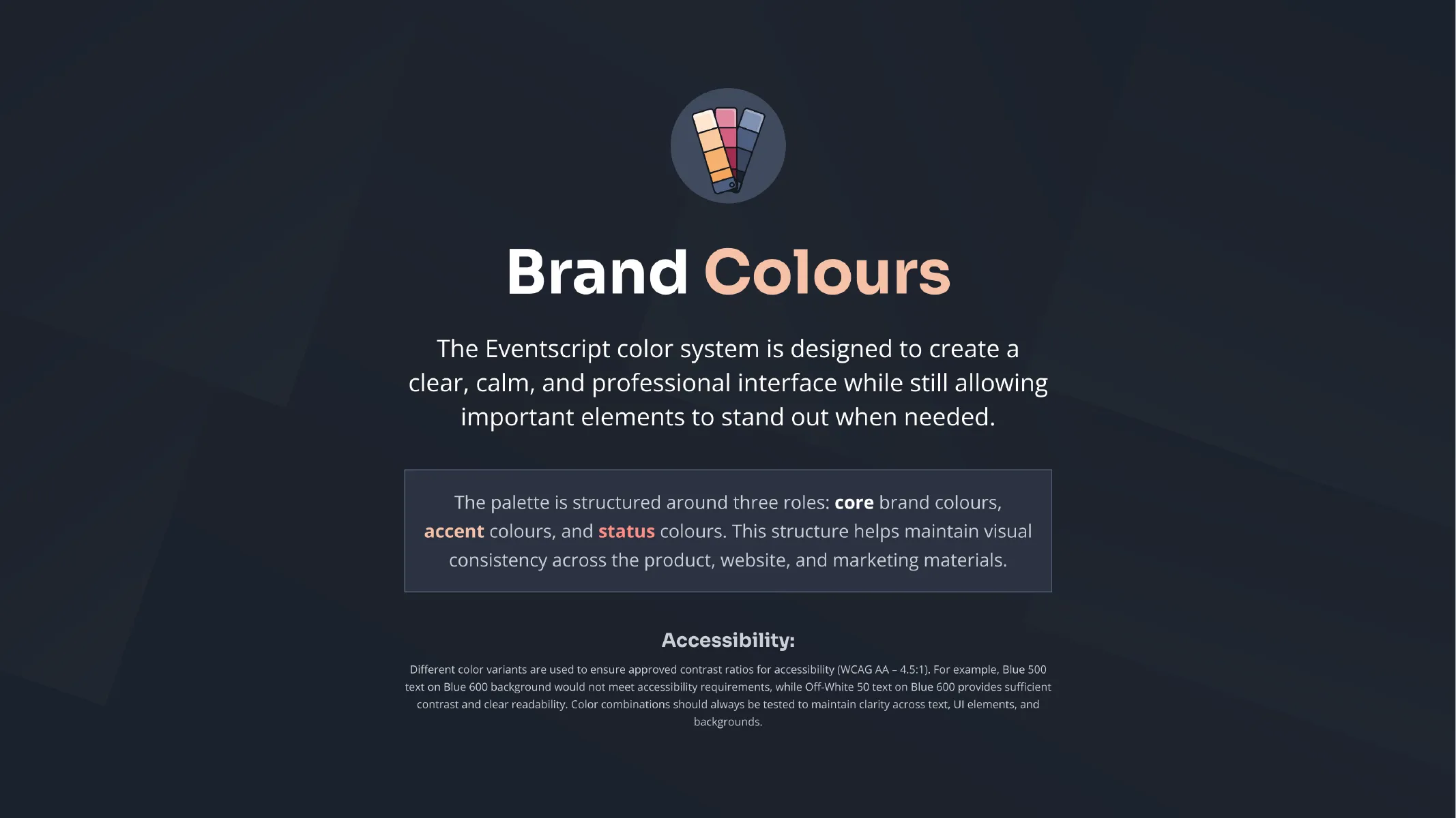 Core colour palette page from the Eventscript brand guide