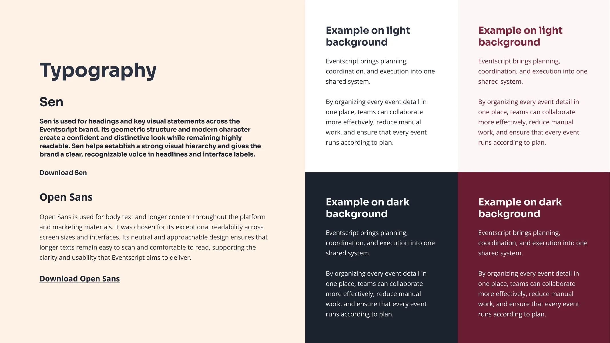 Brand guide page on typography with the Sen and Open Sans typefaces