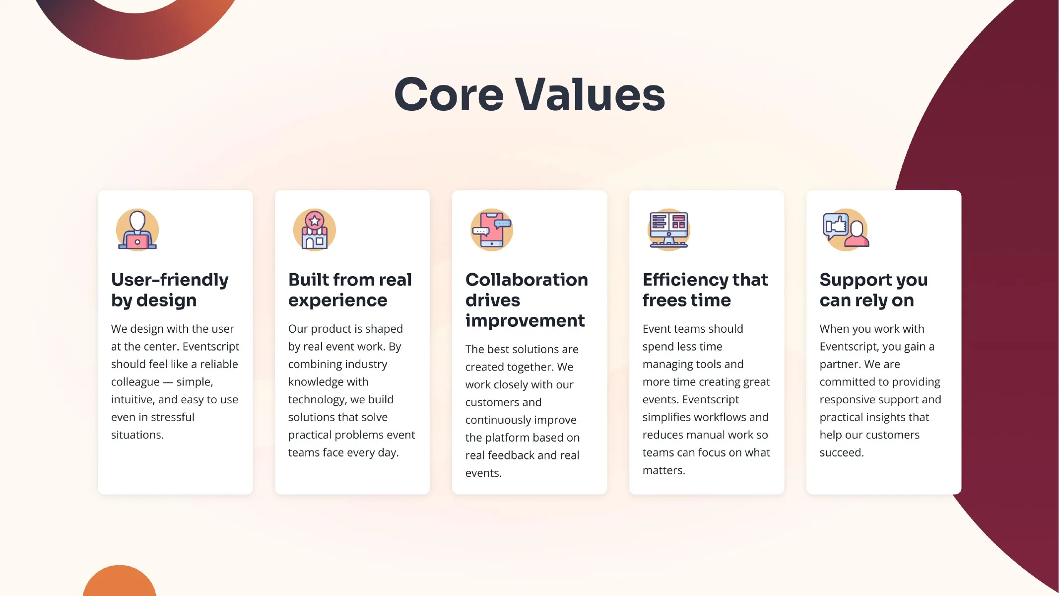 Brand guide page listing Eventscript’s five core values
