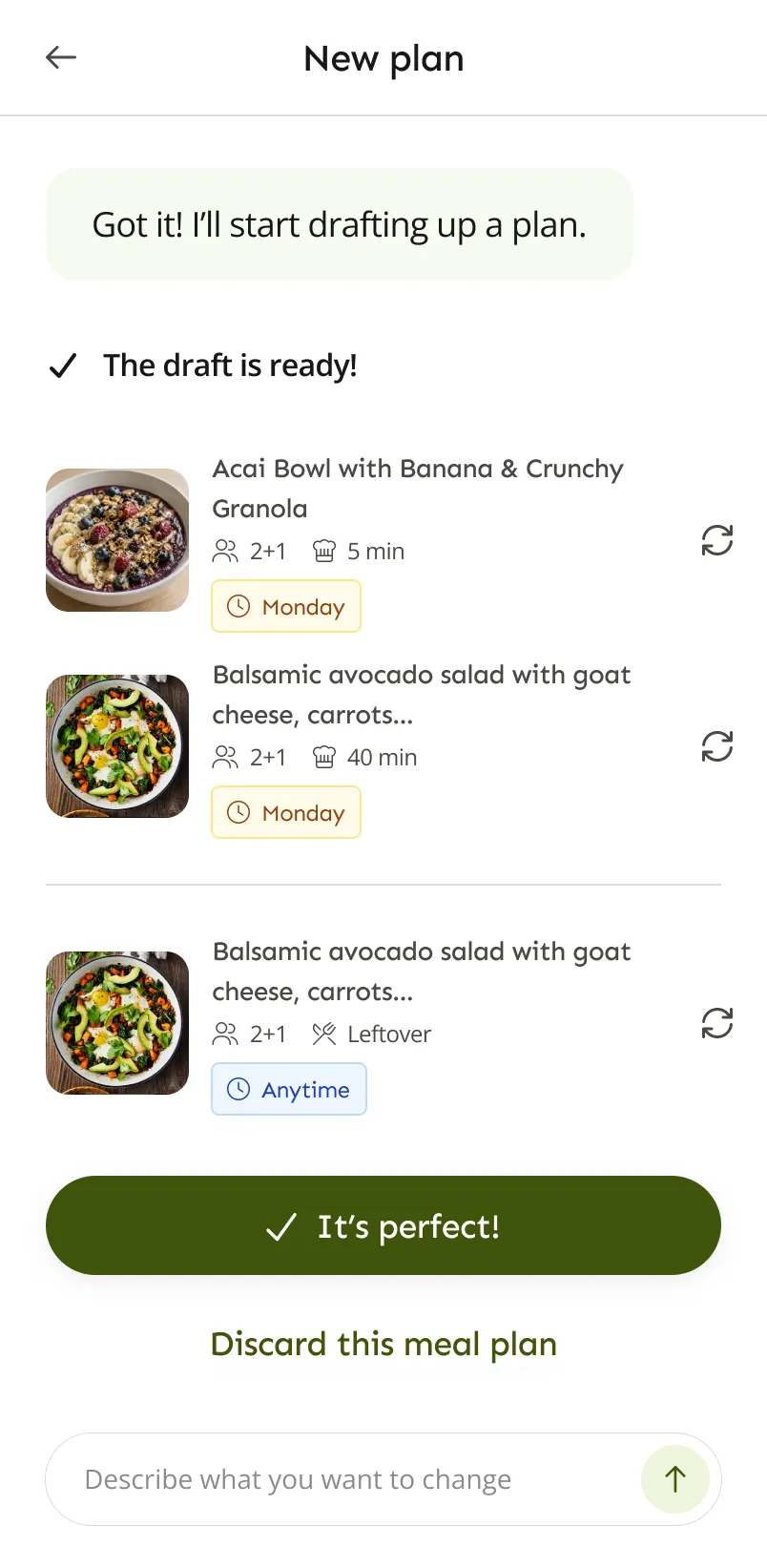 A weekly meal plan drafted by LazyMeals