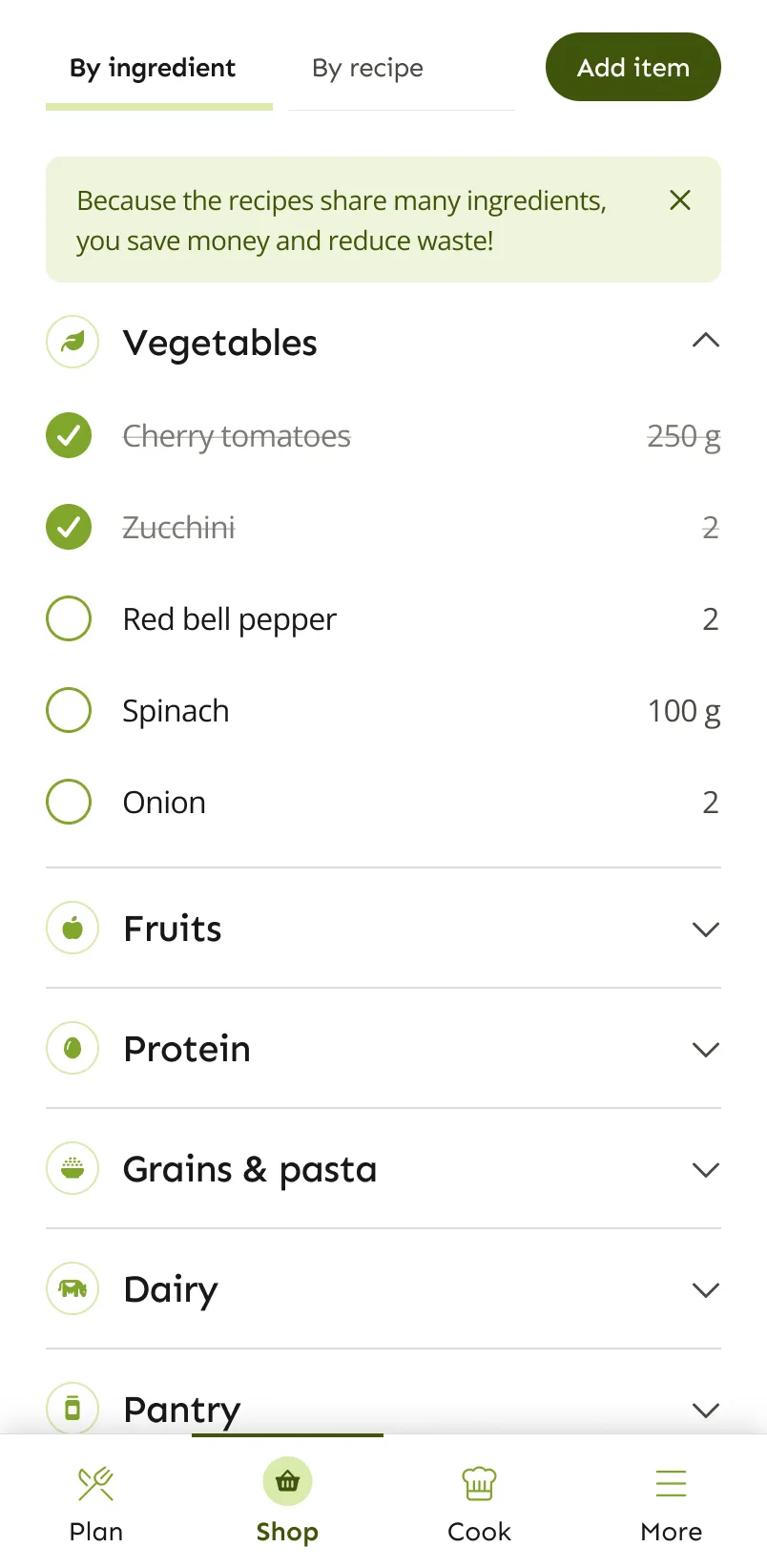 LazyMeals grocery list generated from the plan