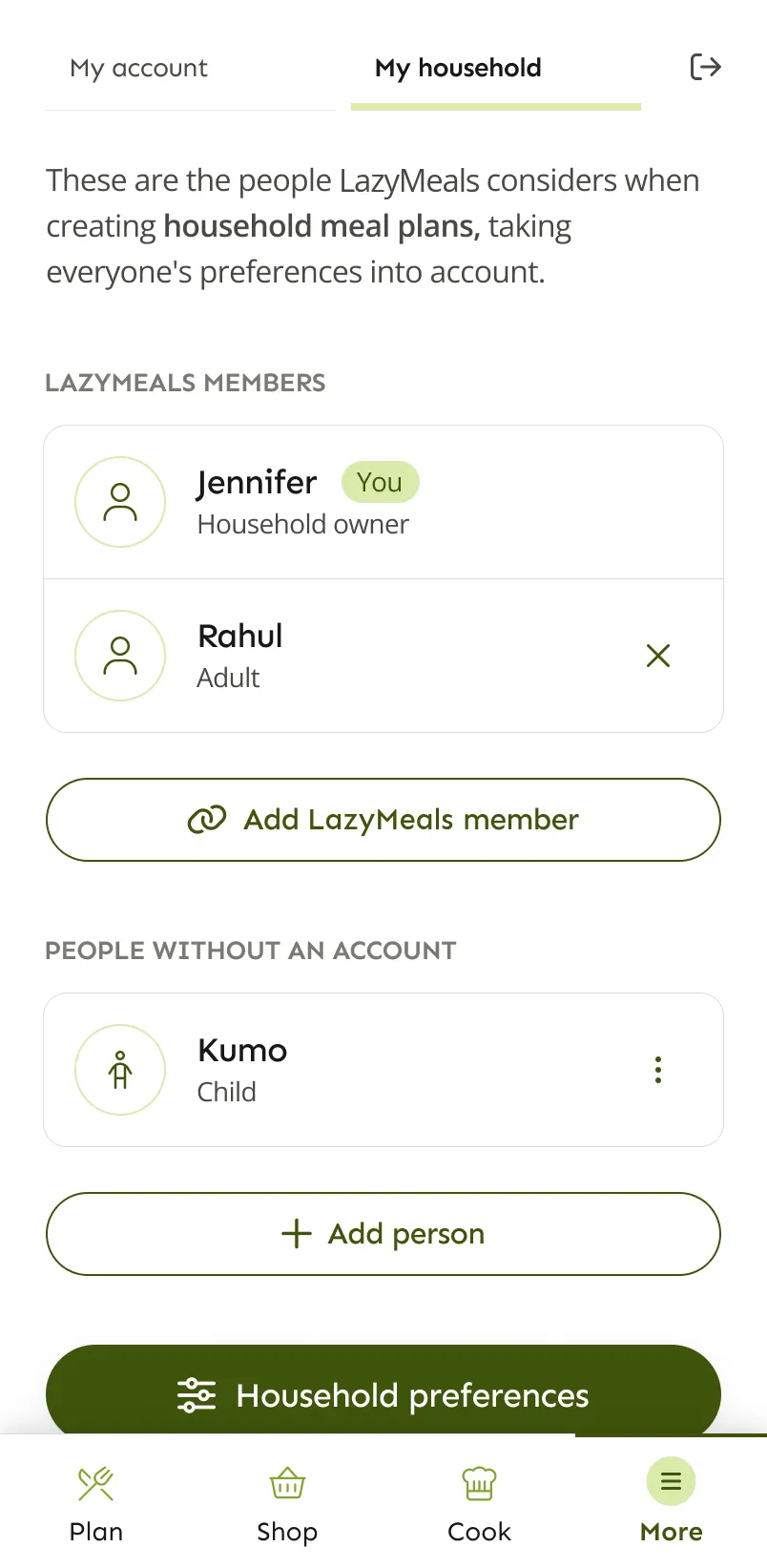 LazyMeals household page listing each person and their preferences