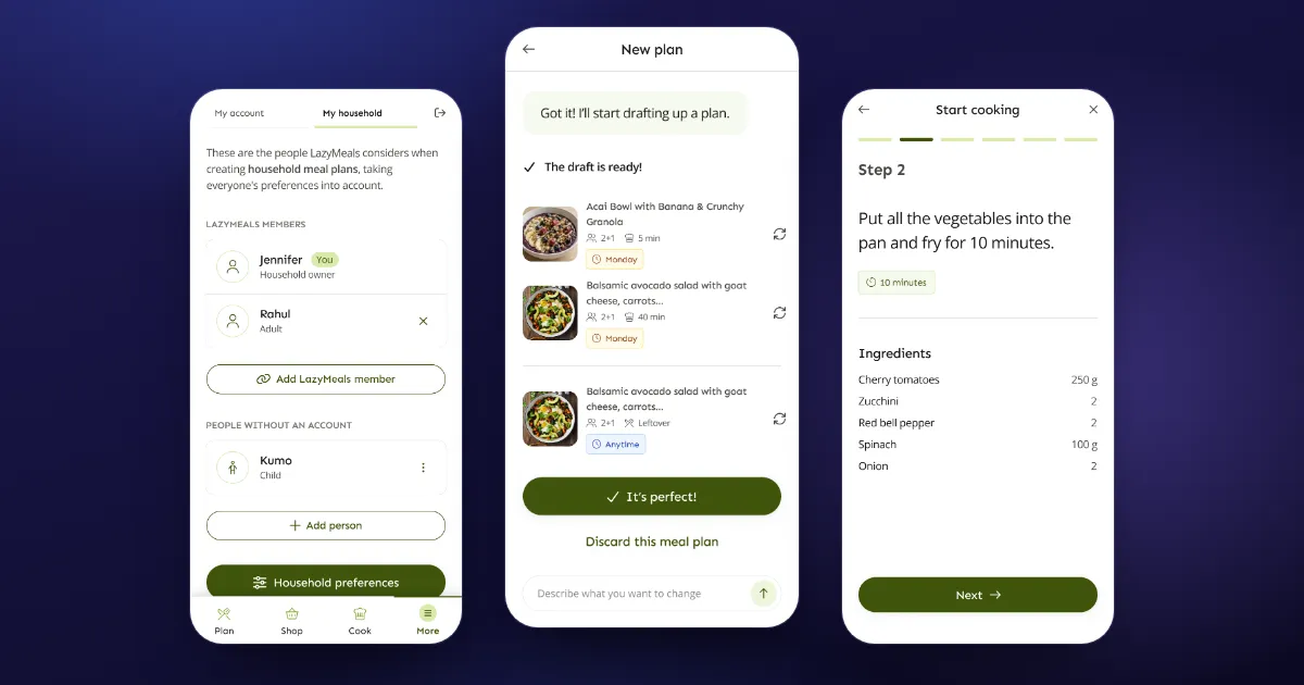 Three LazyMeals screens on a dark blue background, showing the household page, a drafted meal plan and a cooking step
