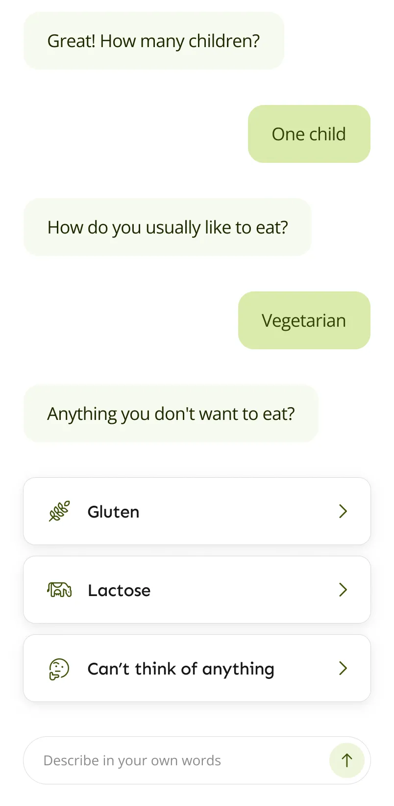 LazyMeals onboarding chat asking about food preferences