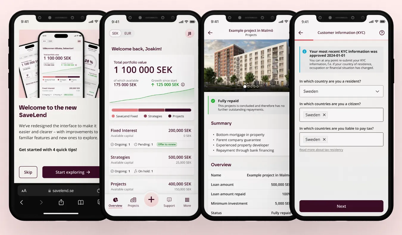 Four redesigned SaveLend app screens: welcome, portfolio overview, a project page and a KYC form