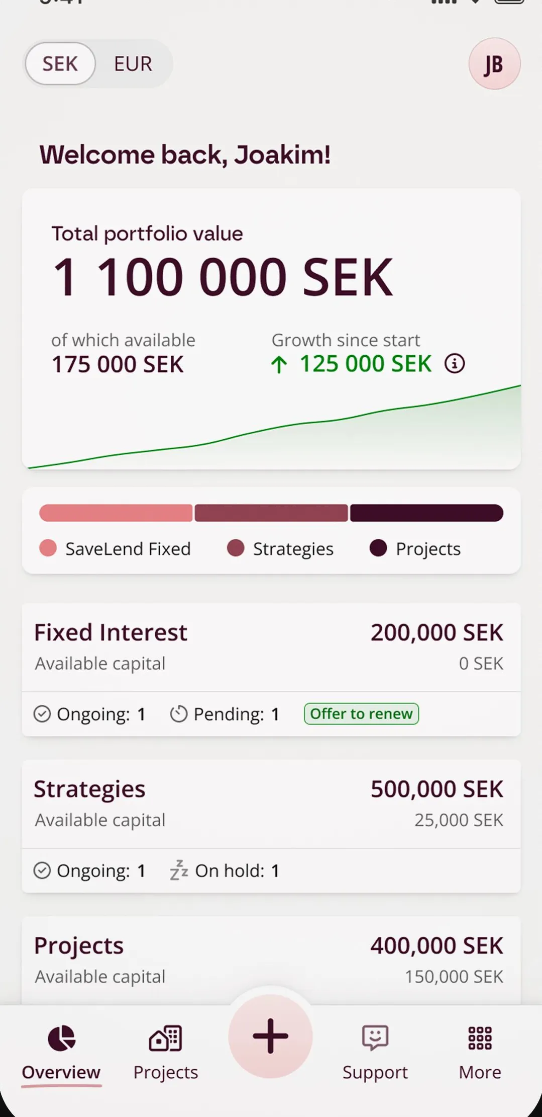 Redesigned SaveLend portfolio overview with total value, growth chart and investment types
